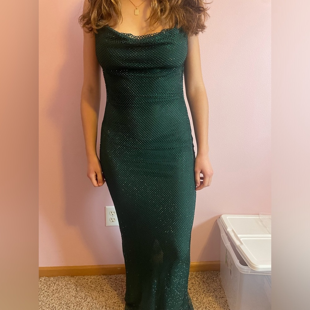 Meshki Diamante Mesh Cowl Maxie Dress-Emerald